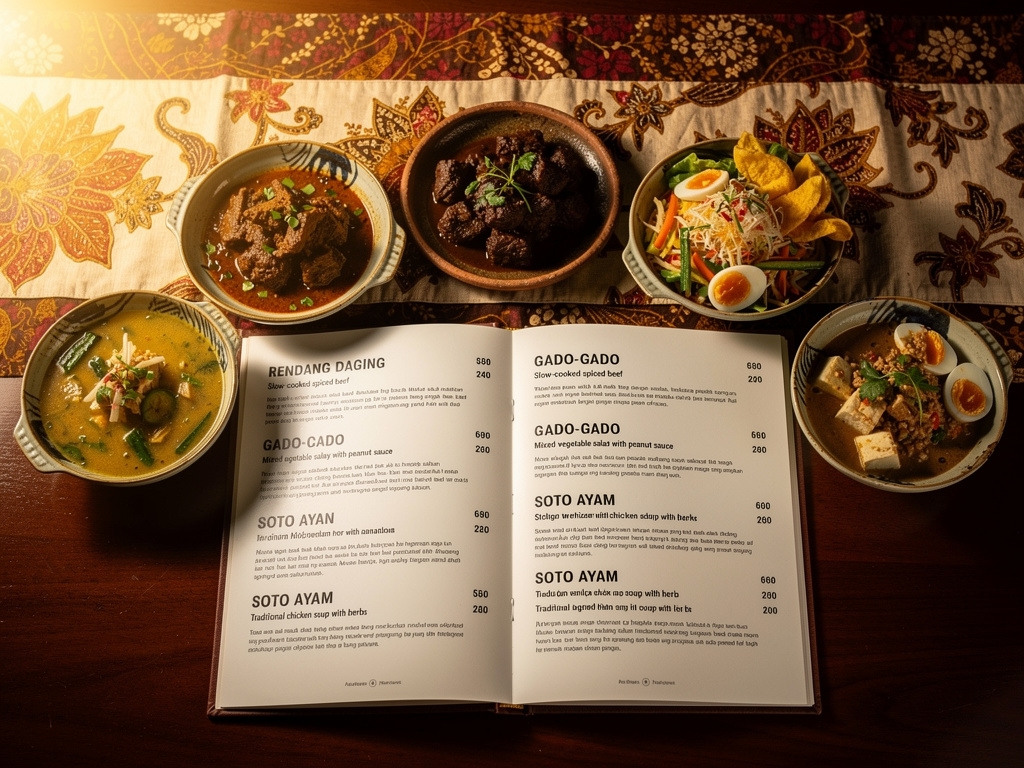 Menu restoran Indonesia dengan hidangan tradisional yang tersaji indah
