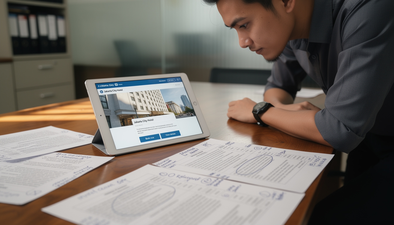 Tampilan layar tablet dengan halaman listing properti di platform pemesanan online